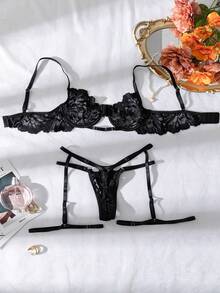 4pcs Women Lace Lingerie Set - Black - View 6