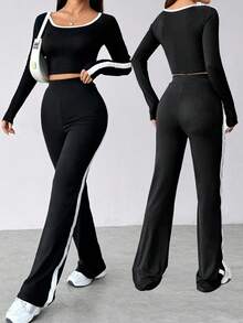 Conjunto de dos piezas de pantalón y top corto de manga larga con contraste de color para mujer, estilo deportivo e informal, adecuado para otoño e invierno. - Negro - Ver 2