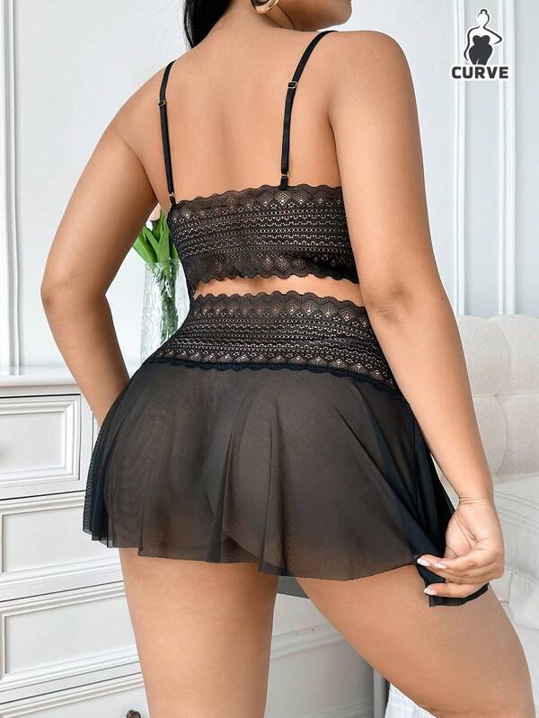 2pcs Plus Size Women Sexy Pajamas Sheer Mesh Nightdress Lace Splicing Nightgown Backless Tulle Pjs Spaghetti Strap Nightwear V‑Neck Loungewear Fall