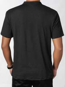 Men's Solid Color Front Button Closure Short Sleeve Casual Top, Daily Wear - Black - View 2