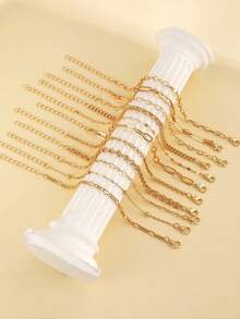 16/11pcs Fashionable Minimalist Elegant Vintage Design Layered Necklace Set, Geometric Heart Rhombus Box Chain Delicate Thin Chain Bracelet, Suitable For Holiday, Party, Date, Gift, Daily Wear - 金黃色 - 查看 5