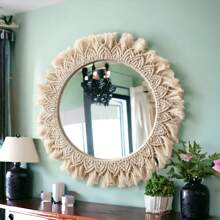 1 szt. Makrama Wiszące lustro do makijażu, Boho Style Wall Decor Round Tapestry Acrylic Mirror, Ręcznie tkane liście na krawędziach wiszące na ścianie, Dekoracja do salonu, sypialni, biura