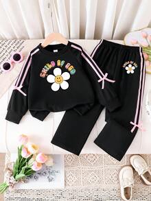 幼儿卡通印花保暖圆领运动衫和裤子套装 - 黑色 - 查看 1