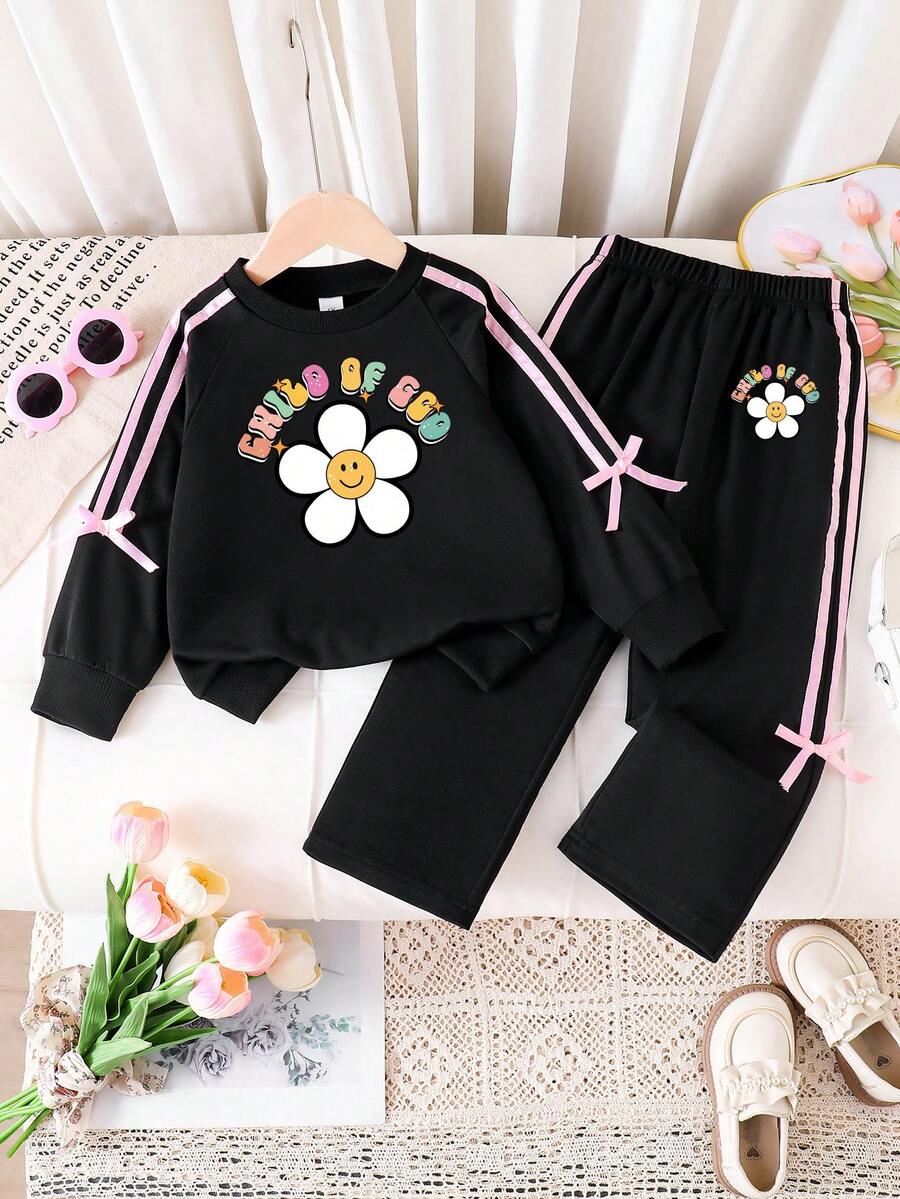 幼儿卡通印花保暖圆领运动衫和裤子套装 - 黑色 - 查看 1