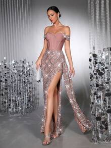 奢华闪亮厚水晶钻石亮片透视网纱长裙，单肩领口设计，性感紧身剪裁，适合婚礼伴娘礼服、女士明星正式晚宴、节日派对等场合。 - 咖啡棕 - 查看 3