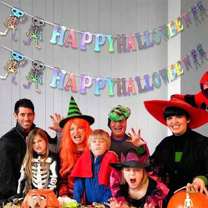 1 Stück glitzerndes Bunte Happy Halloween Banner, Halloween Wimpelkette, Halloween Party Dekorationen, buntes Skelett Happy Halloween Banner, gruselige Halloween Hängedekoration für Innen- und Außenbereich