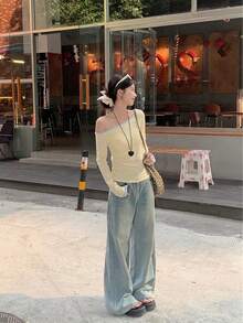 不对称肩长袖 T 恤，性感设计，修身剪裁，不对称下摆女式上衣 - 黃色 - 查看 7