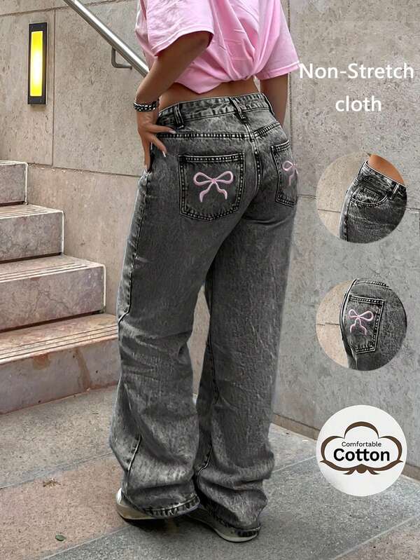 بنطلون جينز كلاسيكي بقصة مستقيمة للساق بألوان فاتحة مع جيوب خلفية مطرزة، ملابس كاجوال للارتداء اليومي في الربيع