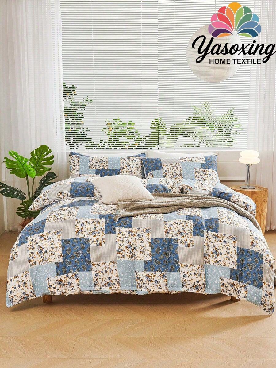 3pcs Floral Plaid Paisley Pattern Bedding Set, Soft Microfiber Breathable Bedding, Wrinkle-Resistant, Luxury Hotel Style, Gift For Parents & Friends, Includes 1 Duvet Cover & 2 Pillowcases, Available In Sizes: Super King, King, Queen, Twin, Dorm