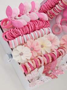 170个粉色系仿真花朵发夹，可爱公主风发饰，弹力发圈，发绳，兔耳发箍，蝴蝶鸭子发夹，时尚百搭发饰，适合日常佩戴和送礼，爪夹，发卡，发型套装，礼物，发带，头饰，情人节饰品，春季 - 彩色 - 查看 2