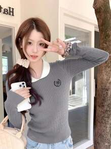 Women Sexy Peter Pan Collar Contrast Color Knit Sweater, New Fall/Winter Basic Pullover Sweaters With Embroidery