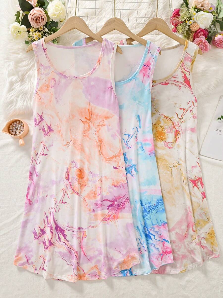 A Set Of 3 New Women's Pajamas, Plus Size Colored Tie Dye Printed Vest Skirt, Suitable For Casual Wear. - 彩色 - 查看 1