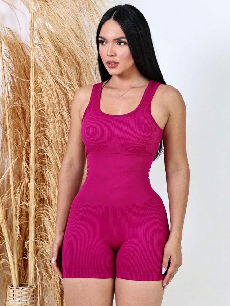 Seamless Ribbed Sports Jumpsuit, Gym Romper - Hồng đậm - Xem 9