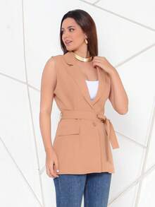 Women's Long Tailored Vest With Belt - 卡其色 - 查看 5