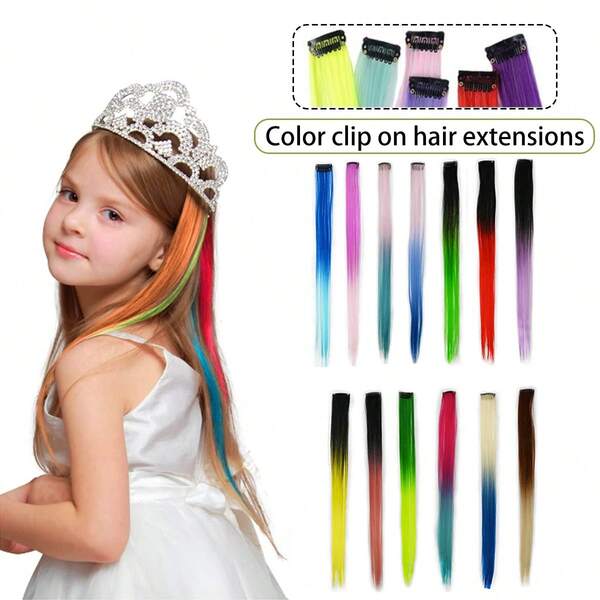 12Pcs Kids Clip In Gradient Colors Hair Extensions, 22 Inches Rainbow Long Straight Hairpieces Synthetic, BEAHOT Hair Extensions-Pretty Gift For Cosplay Dress Up Fashion Party Birthday