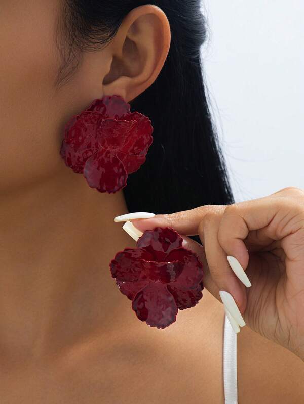 1 par de pendientes metálicos rojos exagerados con textura para mujeres, estilo de vacaciones en la playa, adecuados para fiestas en la playa