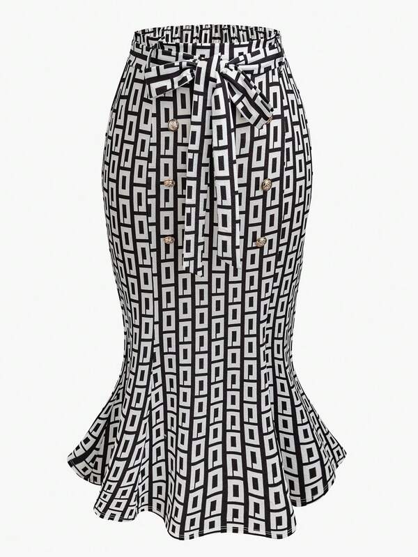 تنورة كلاسيكية أنيقة باللون الأسود والأبيض المربعات، ضيقة على الخصر مرددة الصدر مزينة بوشاح على الخصر، للارتداء للمكتب، تنورة ذيل نصف دائري للسيدات، موسم الخريف/الشتاء