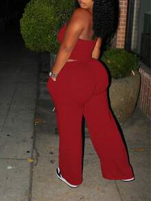 Casual Versatile Solid Color Camisole & Sweatpants Set Summer Red Elegant - Red - View 10