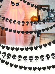 1 Set Gothic Schwarze Herzförmige Totenkopf Girlande Wimpel, Schwarze Filz Herzförmige Dreieck Wimpel, Halloween Totenkopf Wimpel, Geeignet für Gothic Geburtstagsparty Dekoration - Halloween Heimdekoration, Raumdekoration, Feiertags Heimdekoration und Party Hintergrund, Themenparty Dekoration - Verschiedenfarbig - Übersicht 1