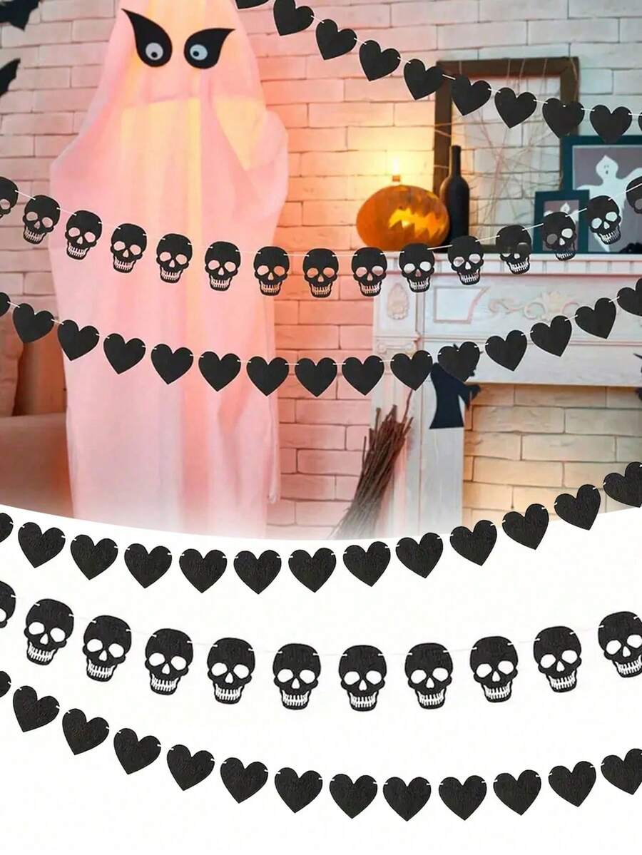 1 Set Gothic Schwarze Herzförmige Totenkopf Girlande Wimpel, Schwarze Filz Herzförmige Dreieck Wimpel, Halloween Totenkopf Wimpel, Geeignet für Gothic Geburtstagsparty Dekoration - Halloween Heimdekoration, Raumdekoration, Feiertags Heimdekoration und Party Hintergrund, Themenparty Dekoration - Verschiedenfarbig - Übersicht 1