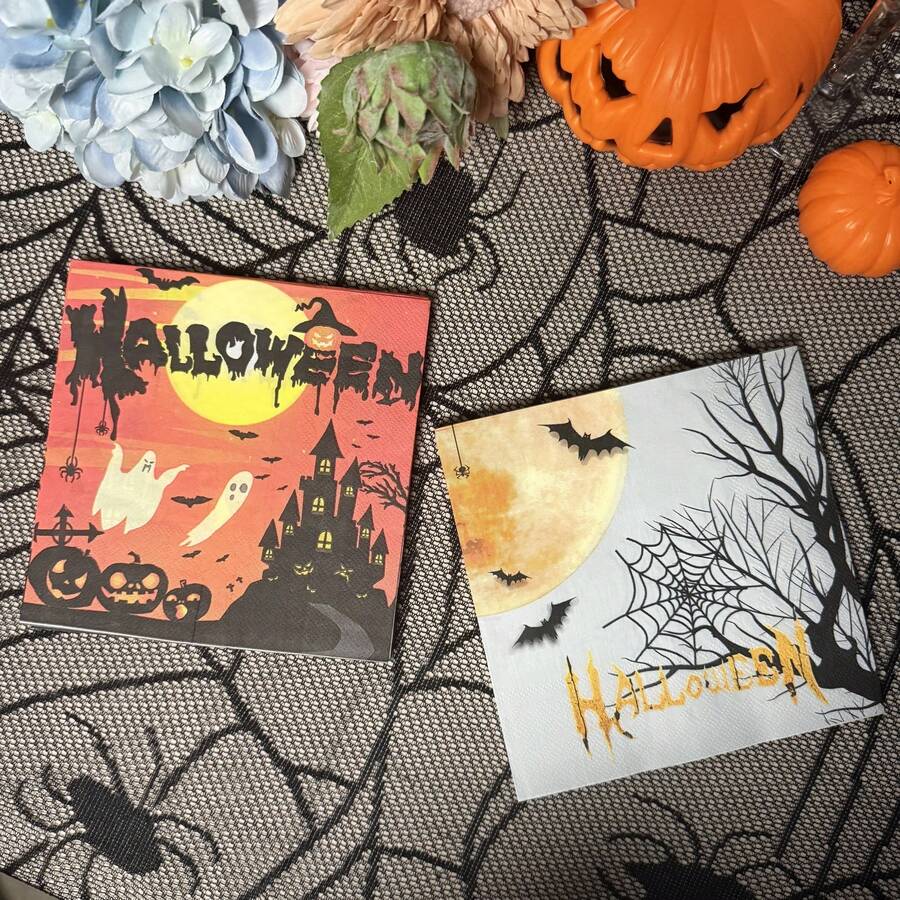 20 piezas de servilletas de papel coloridas para fiesta de Halloween, de 13*13 pulgadas, 2 capas, para restaurante y fiesta de hotel, con estampados de castillo, calabaza, murciélago, fantasma y telaraña, decoración para fiesta de Halloween, servilletas de papel desechables para Halloween