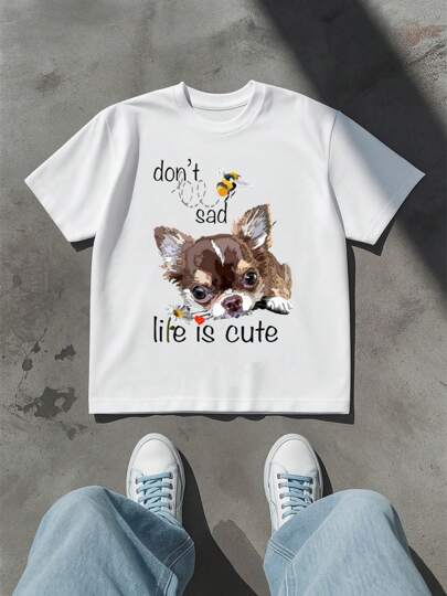 Chihuahua Print Inspirational Quote Short Sleeve T-Shirt, Men's 220gsm New Summer Casual Crew Neck Pure Cotton Short Sleeve T-Shirt (1 Piece)