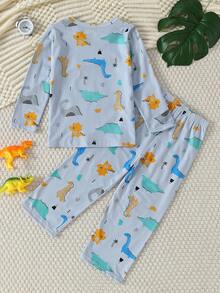 2pcs/Set Kids Boys Dinosaur Print Long Sleeve Pajama Set, Thin Base Layer Sleepwear For Children Aged 4-12 Years Old, Autumn/Winter - Multicolor - View 2