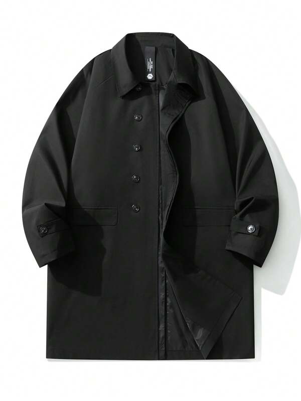 Plus Size Mid-Length Windbreaker, American Style Black Loose Fit Lapel Button Down Jacket, Suitable For Spring & Autumn