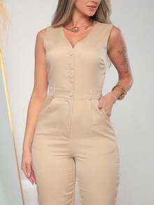 Women's Tailored Jumpsuit With Button At The Front C3154 - Beige - View 7