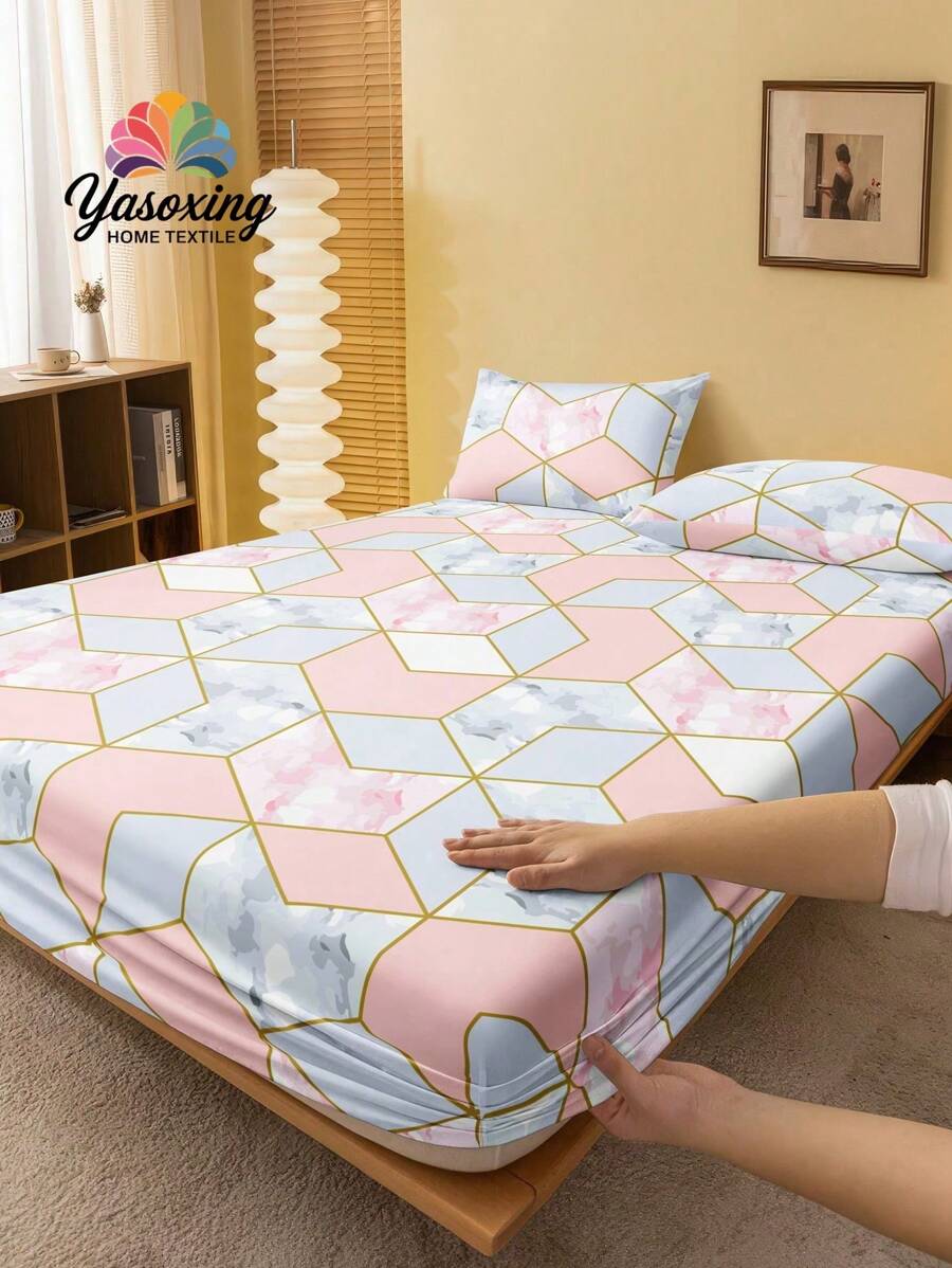 2/3pcs /Set Pink Gray Geometric Marble Pattern Fitted Sheet Set Without Filler, Fitted Sheet Set For Bedroom Brushed Microfiber Breathable Comfortable 1pc Mattress Cover With 1/2pcs Pillowcase, Bed Cover Set King Queen Full Twin Size Fitted Sheet Set For Bedroom Brushed Microfiber Breathable Comfortable Sheet Bedspread Deep Pocket Up To 11.8 Inch Breathable Wrinkle-Free Better For Sleep, Machine Washable Domitory Bedding Back School Bedding - Pink - View 1
