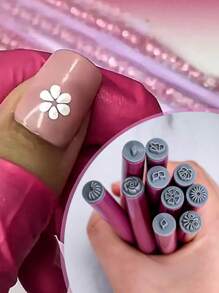 10 件美甲印章笔套装，花朵美甲印章笔，美甲笔美甲印章板美甲印章套装，美甲涂鸦笔花卉绘画绘图指甲刷印章笔美甲工具（1/4/6/10 件） - 玫紅色 - 查看 1