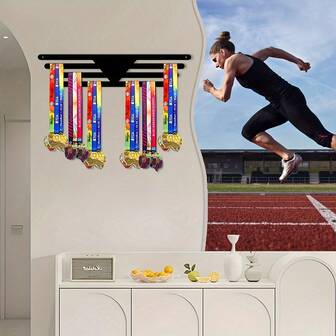 1 件金属奖牌展示架 - 装饰性运动奖牌挂架，多功能奖牌和服装收纳架，适用于家庭、客厅、厨房、办公室、户外门廊 - 适合运动员使用，无羽毛，无需电力