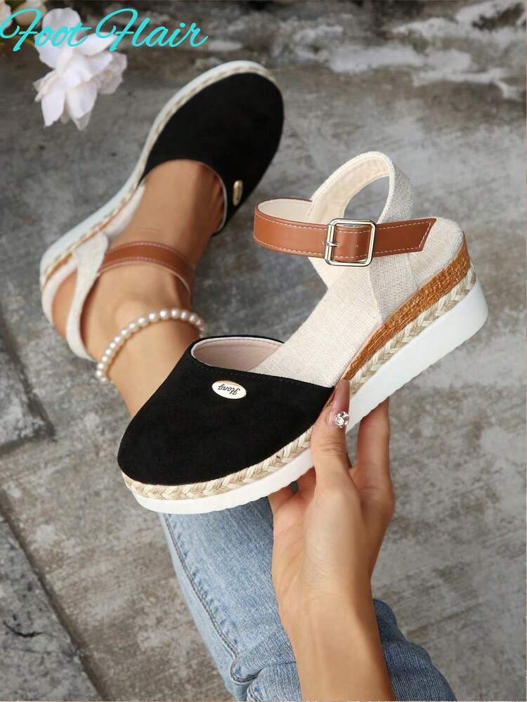 Foot Flair Women's Plus Size Color-Block Strap Backless Espadrille Sandals, Beach Resort Style, Summer New Arrival Lightweight Platform Roman Sandals - Black - View 1