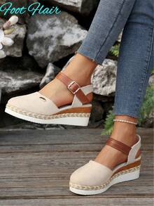 Foot Flair Women's Extra Large Size Patchwork One-Buckle Slingback Hemp Rope Sole Beach Sandals, Summer New Lightweight Platform Roman Flat Sandals - Beige - View 4