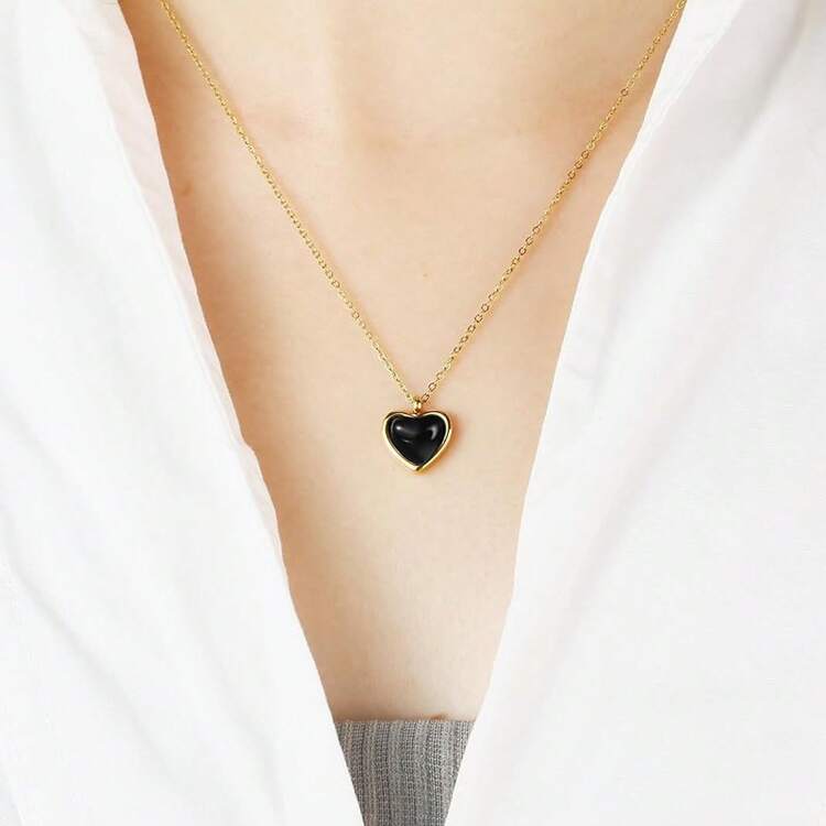 SmileBelle Black Heart Necklace Women, Black Black Tourmaline Necklace As Birthday Gifts Her, Black Handmade Jewelry Silver Heart Pendant Necklace Teen As Tendy Jewelry - Vàng - Xem 5