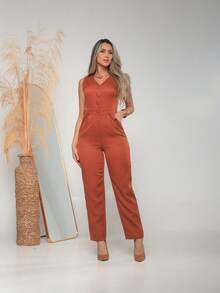 Women's Tailored Jumpsuit With Button At The Front C3154 - Burnt Orange - View 1