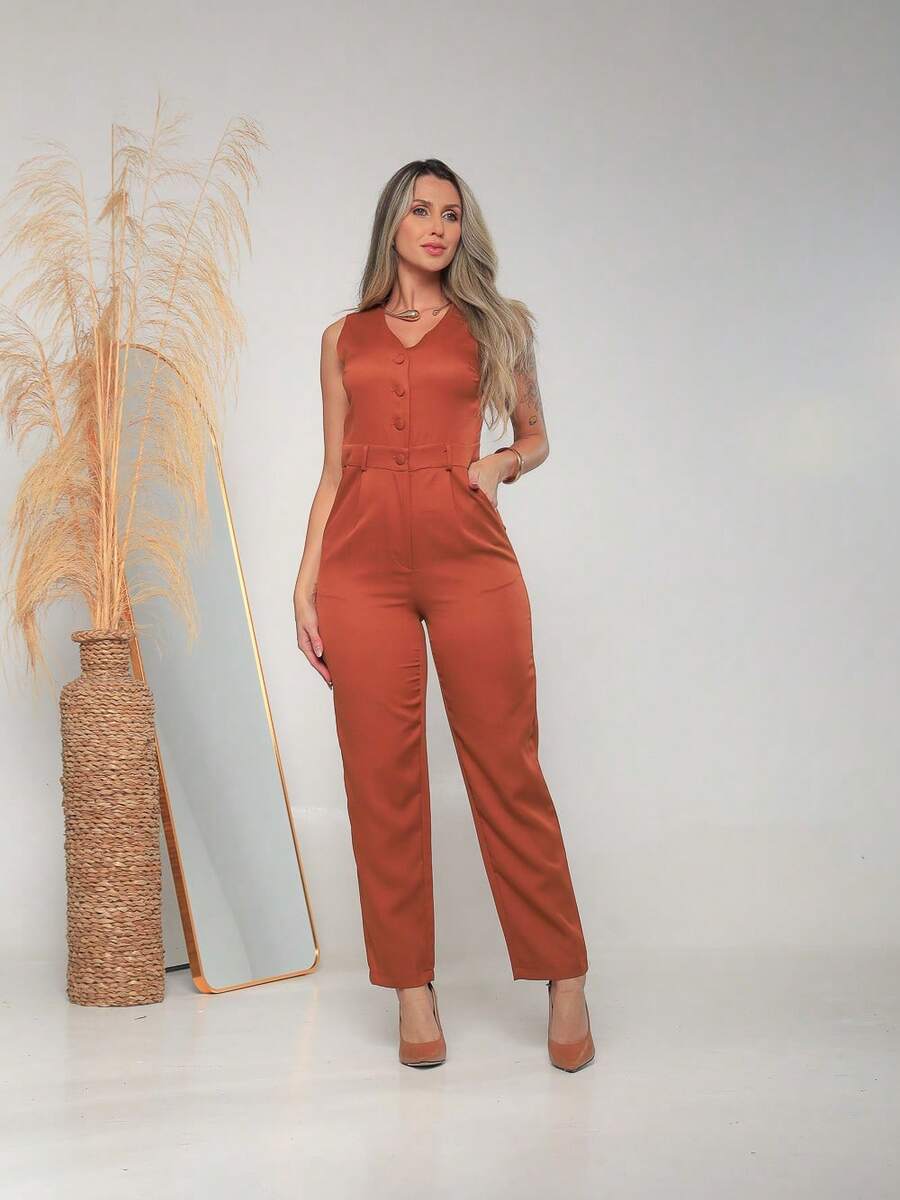 Women's Tailored Jumpsuit With Button At The Front C3154 - Burnt Orange - View 1