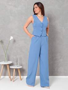 Women's Vest And Tailored Trousers Set - Blue - View 3