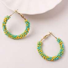 1 Pair Summer Colorful Beaded Earrings, Fashion Gradient Bead C-Shape Earrings, Stylish Vacation Vibe Essential