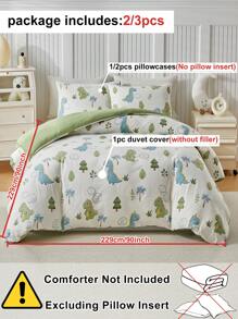 2/3件套卡通恐龙印花床上用品套装，可爱恐龙床单套装，适合儿童四季使用，柔软透气，可机洗（1个被套+1/2个枕套）