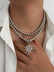 2pcs/Set Sunflower Pendant Beaded Double-Layer Necklace Set, Fashionable & Versatile For Men - Sunflower - View 11