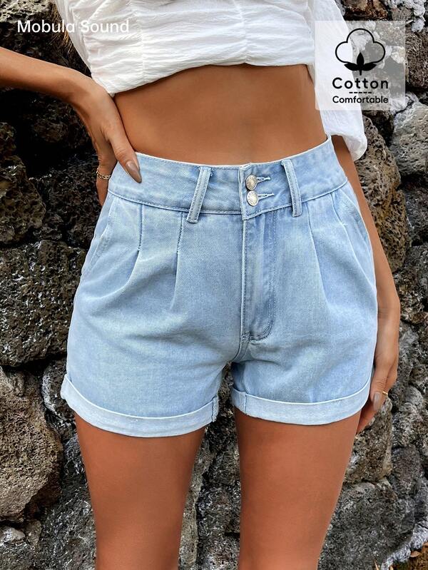 Mobula Sound# Summer Versatile Casual Music Festival Vacation Fashion Double-Buckle Design Slimming Leg-Lengthening Women Campus Rolled Hem Denim Shorts