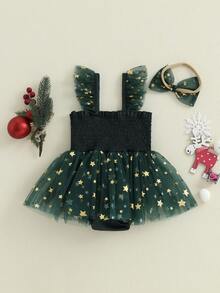 Newborn Baby Girl Christmas Outfit, 1st Christmas Dress Sleeveless Stars Bows Tulle Patchwork Romper Dress With Hairband - 綠色 - 查看 6