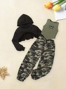 Conjunto de pantalones de otoño para niñas con parte superior con capucha de manga larga, chaleco acanalado y pantalones camuflados - Verde militar - Ver 2