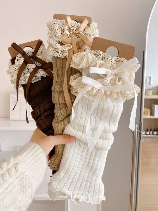 1 Pair Of Autumn And Winter Lace Stockings For Women Lolita Bow Long Stockings Ballet Style Pile , Cute Leg Covers Exotic-Y2K, Cozy