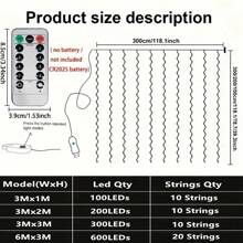 USB窗帘灯串，暖白/彩色，8种模式，带遥控器，LED窗帘灯，适用于房间、卧室、节日、圣诞节、万圣节、家居装饰、派对装饰等场合。