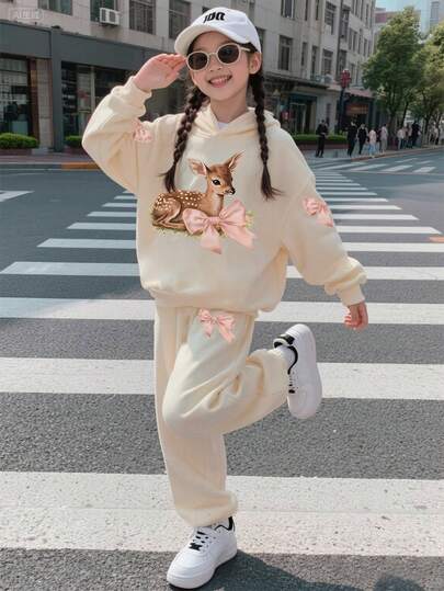 少女卡通印花圆领运动衫和紧身裤套装