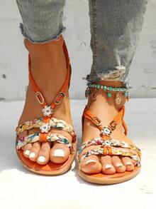 Women's Flat Sandals With Elastic Straps & Floral Design – Perfect For Beach Days And Travel,Plus Size Women's Sandals11 - quả cam - Xem 3
