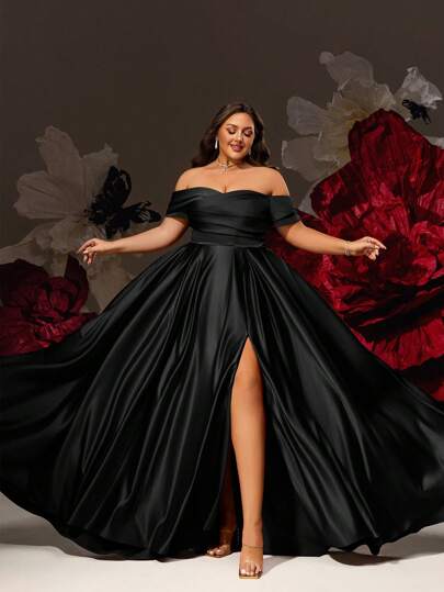 Smilprince Rochie lungă din satin negru, mărime plus, cu umeri goi, talie încrețită și fustă cu crăpătură înaltă, rochie de seară și formală pentru femei, rochii de bal, rochie elegantă, rochie de seară de lux plus, rochie de seară curbă