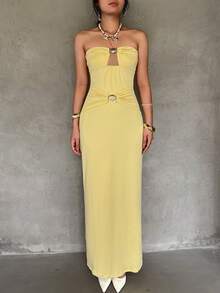 Fashion Sexy Hollow Out Sheath Shell Metal Solid Color Women's Long Dresses - Yellow - View 2